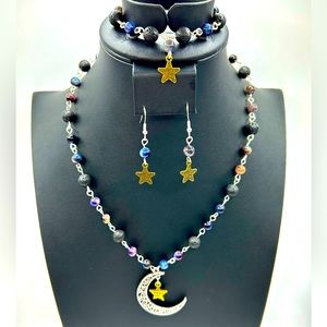 Handmade Moon & Star Necklace Set with Natural Tiger Eye and Lava Rock Stones!